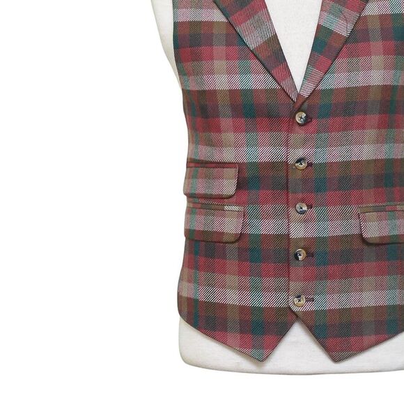 Mens Plaid Vest 44R Red Green Brown Wool Waistcoat XL Western Casual Wedding - Picture 7 of 9